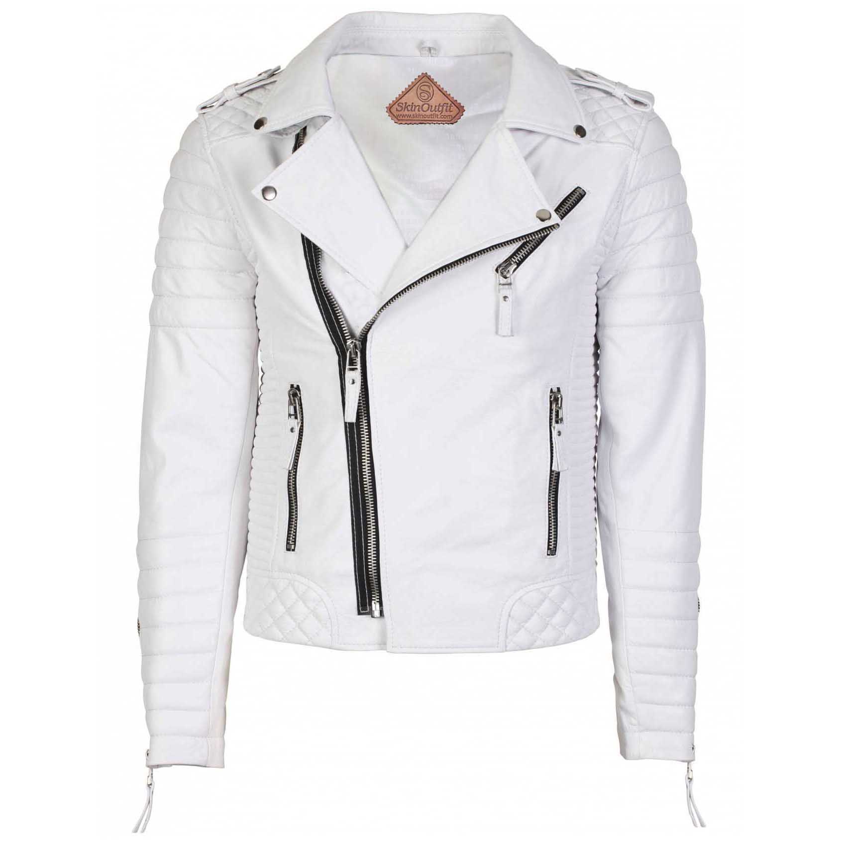 

SKINOUTFIT Men Motorcycle Leather Jacket Genuine White Lambskin Café Racer Biker Outerwear XL білий