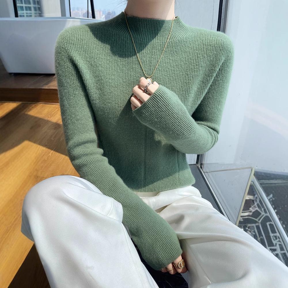 Women's Slim-Fit Wool Sweater - Autumn/Winter, Versatile Cashmere Knit, Half-High Collar