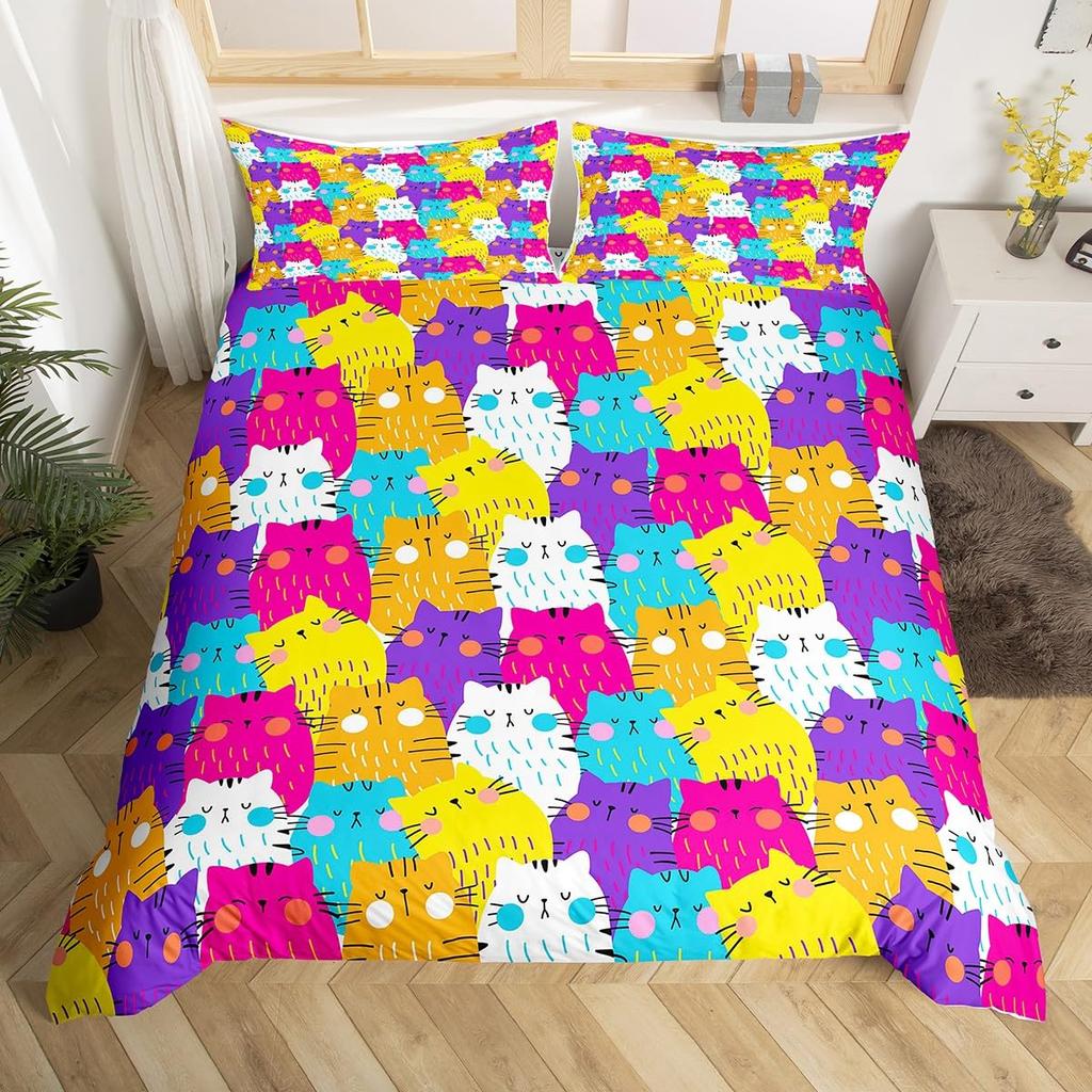 Rainbow Cat Duvet Covers For Kids Teens Girls Queen Lightweight Bedspread Cover Room Decor Kawaii Rainbow Ombre Cats Bedding Set