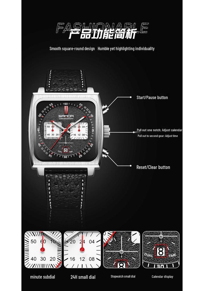 Sanda Men's Chronograph Quartz Watch: Square Dial, Three Eyes, Six Hands, Luminous, Calendar, Waterproof.