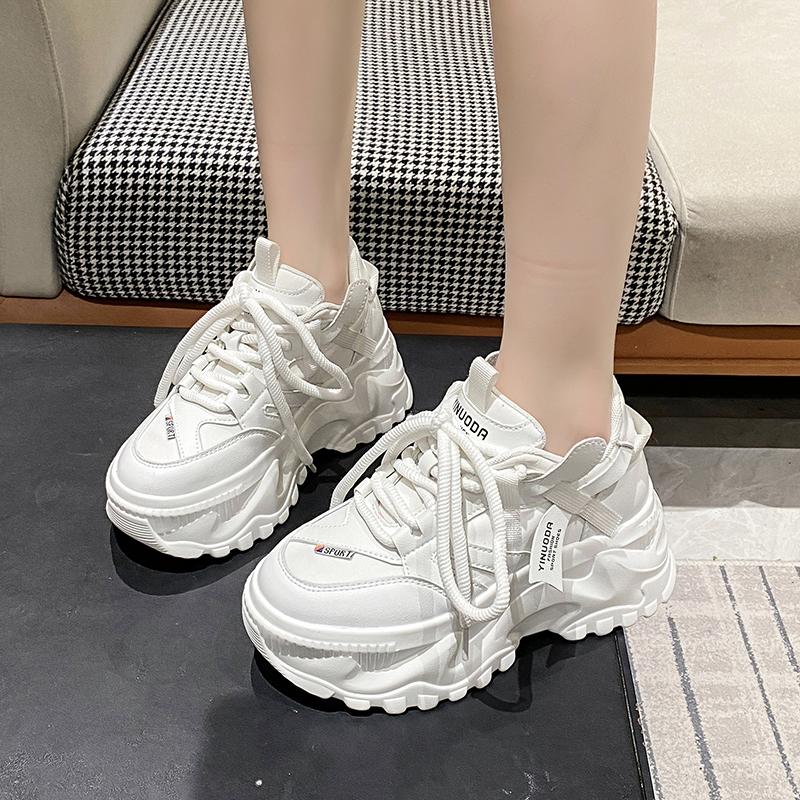 8CM Women Walking Sneakers Autumn Lace-up High Platform Chunky Shoes Breathable Leather Shoes Wedge Heels Casual Shoes Size 42