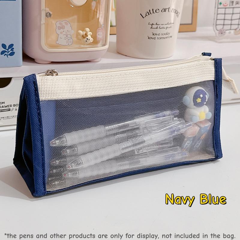 Trousse à crayons en maille transparente Color Block Sac de rangement pour stylos pour examen Minimaliste Grande capacité Multi-couches Papeterie