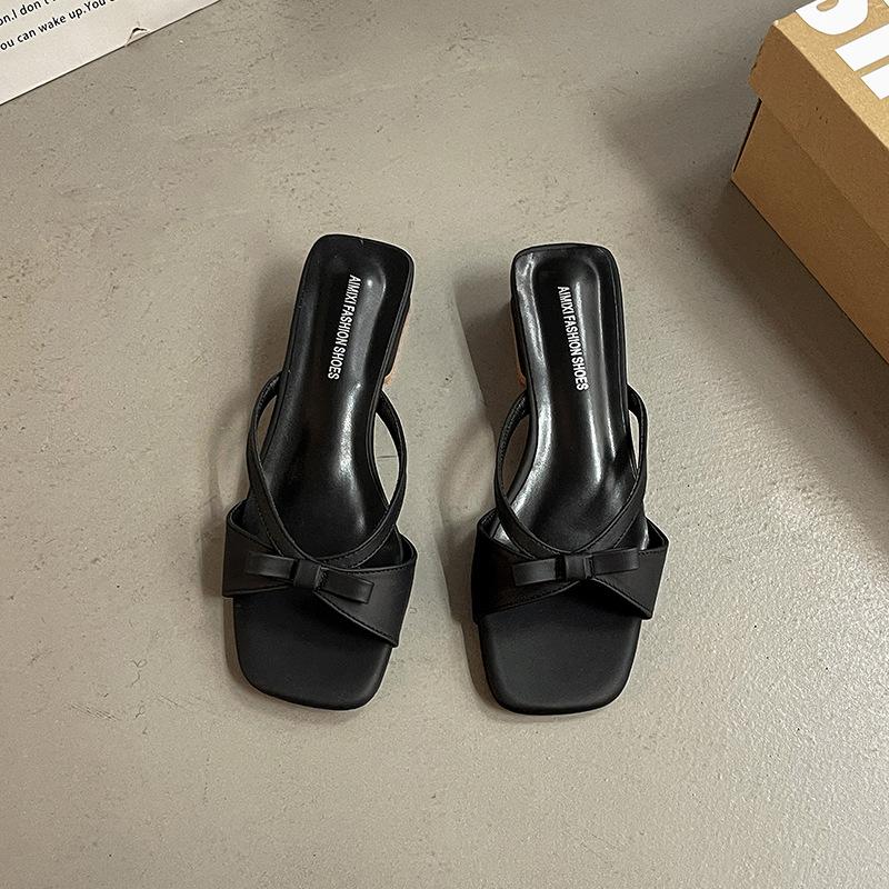 

Evening wind French square head bow one-word slippers women s spring and summer new high-end outer wear with skirt cool slippers 35 чёрный