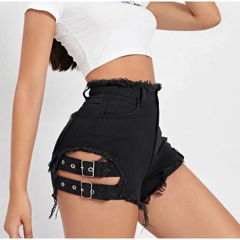 Summer Women Denim Shorts with Frayed Hem Buckle Straps Y2K Fashion Trendy Cut Out Jeans Shorts
