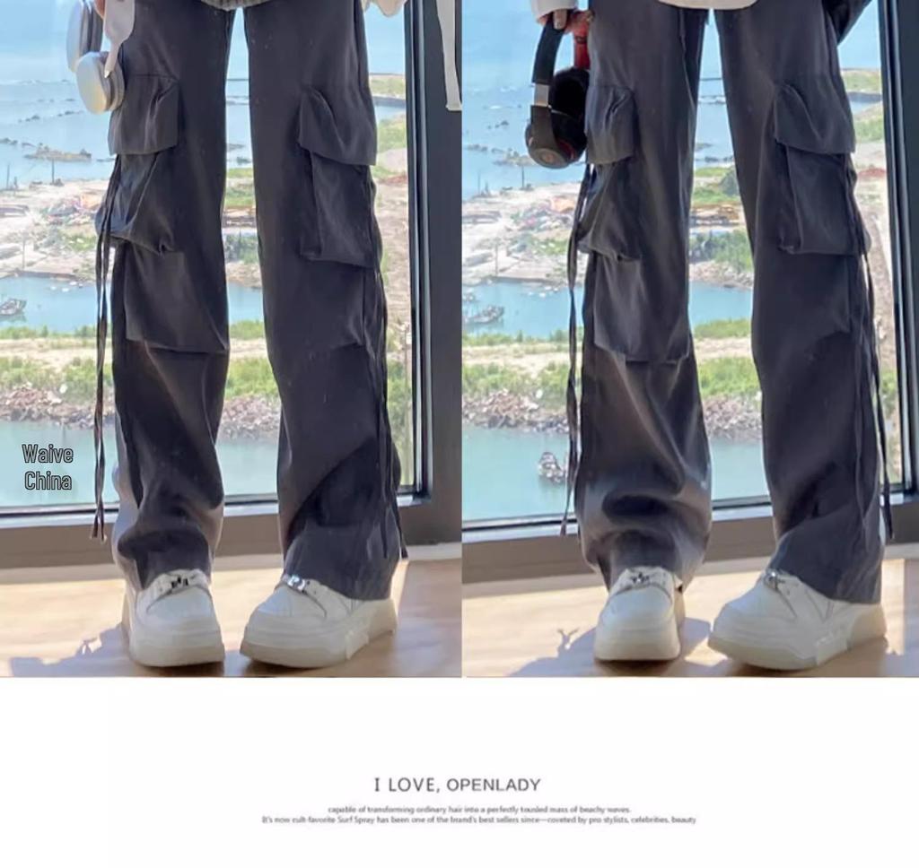 Petite High Waist Gray Wide Leg Cargo Pants for Women - Spring/Summer 145cm Length