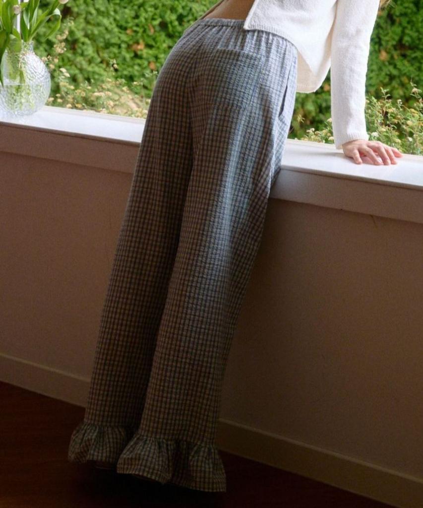 Okuka Summer String Frill Pants - Blue Check