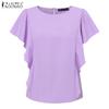 ZANZEA Women Casual Round Neck Loose Ruffles Short Sleeve Plain Blouse