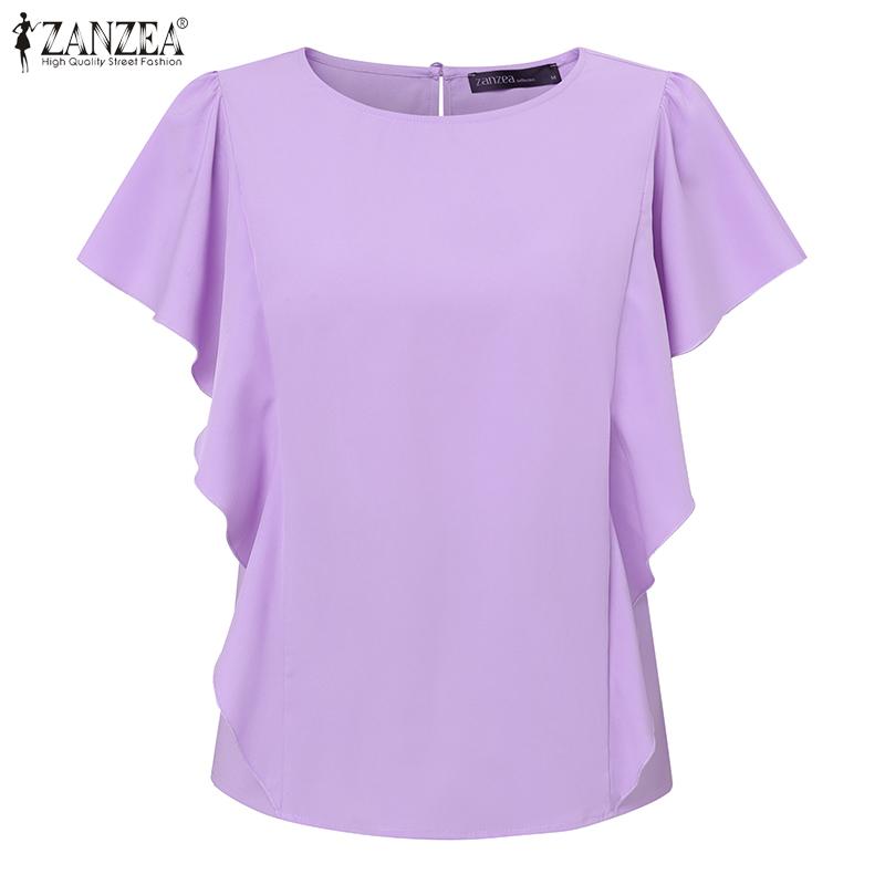 ZANZEA Women Casual Round Neck Loose Ruffles Short Sleeve Plain Blouse