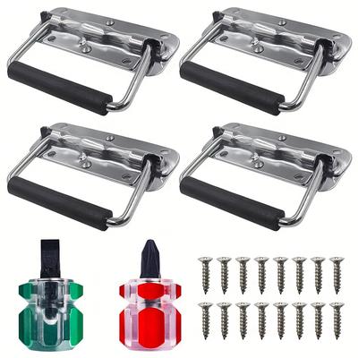 4pcs Spring Pull Iron Chrome Plated, Heavy Duty Pull for Surface Mount Rubber Grip Toolbox Box, Furniture Drawer Pull with Screws and Screwdriver