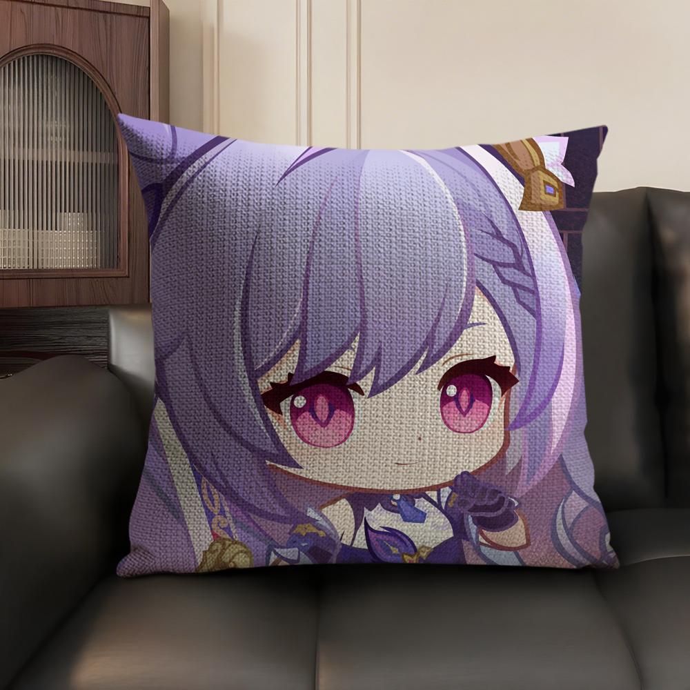 Keqing Cute Genshin Impact Cushion Cover Natural Linen Organic Fabric DoubleSided Printing Sofa Home Decor Gift Pillow Case