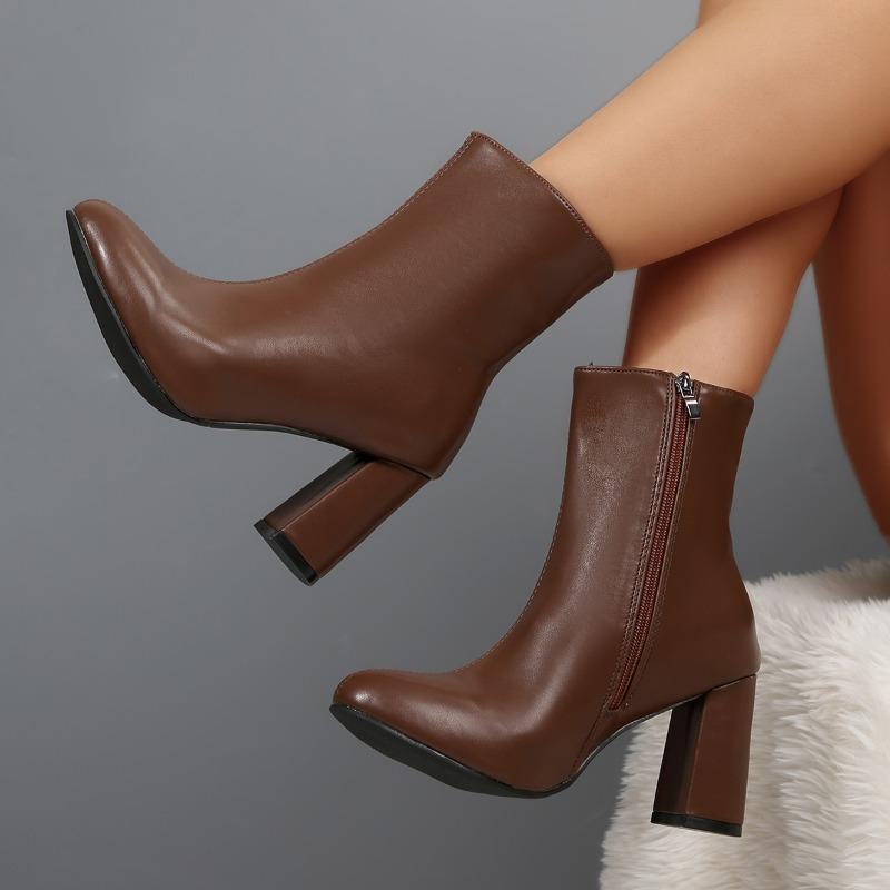 Vintage Thick Heel Women Ankle Boots Fashion Pointed Toe Toe Stripper Party Shoes Autumn Winter Women'S Leather Short Booties