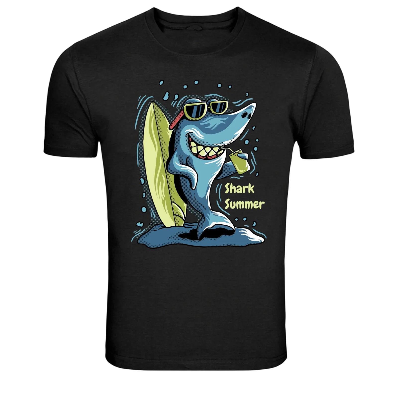 Shark Summer Surfboard Beach Cartoon Graphic T-Shirt S