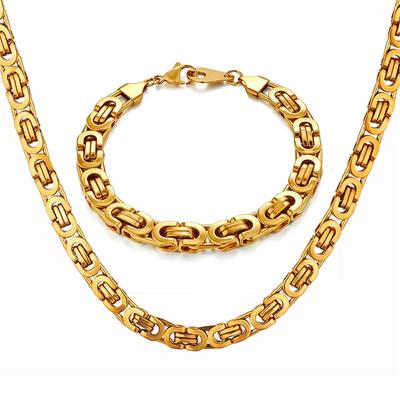 Gold Color Stainless Steel 8mm Byzantine Link Chain Bracelets Necklace For Women Men Party Wedding Jewelry Sets Gifts