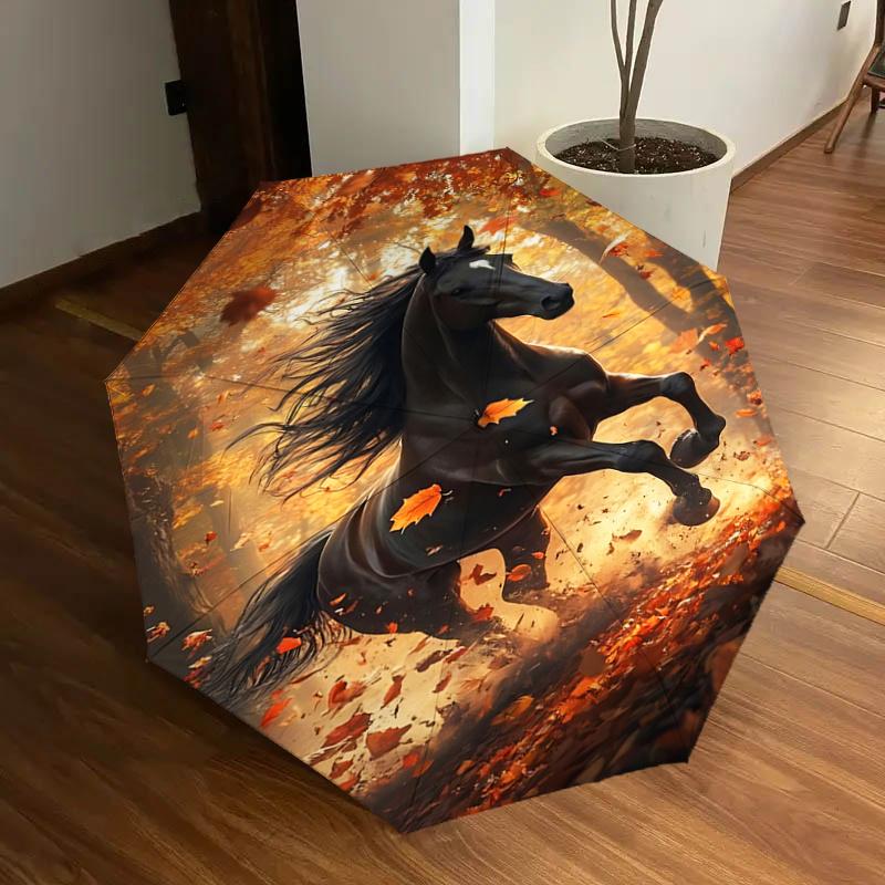 

Autumn Leaf Horse Design Automatic Opening/Closing Umbrella with Foldable Design, , Travelers, Daily Use, Gift Suitable for All Occasions112