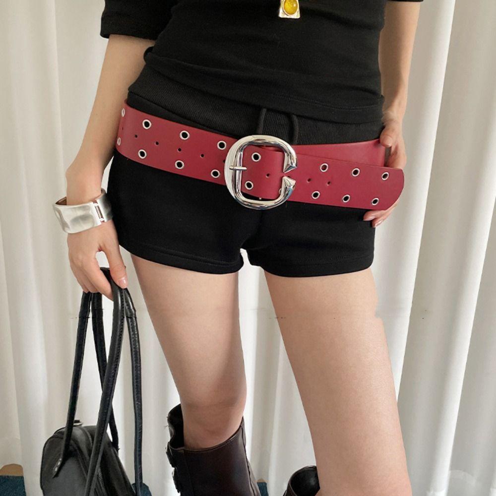 Vintage Women Wide Belt Metal Buckle Punk Style Belt Retro Leather Waistband  Girls