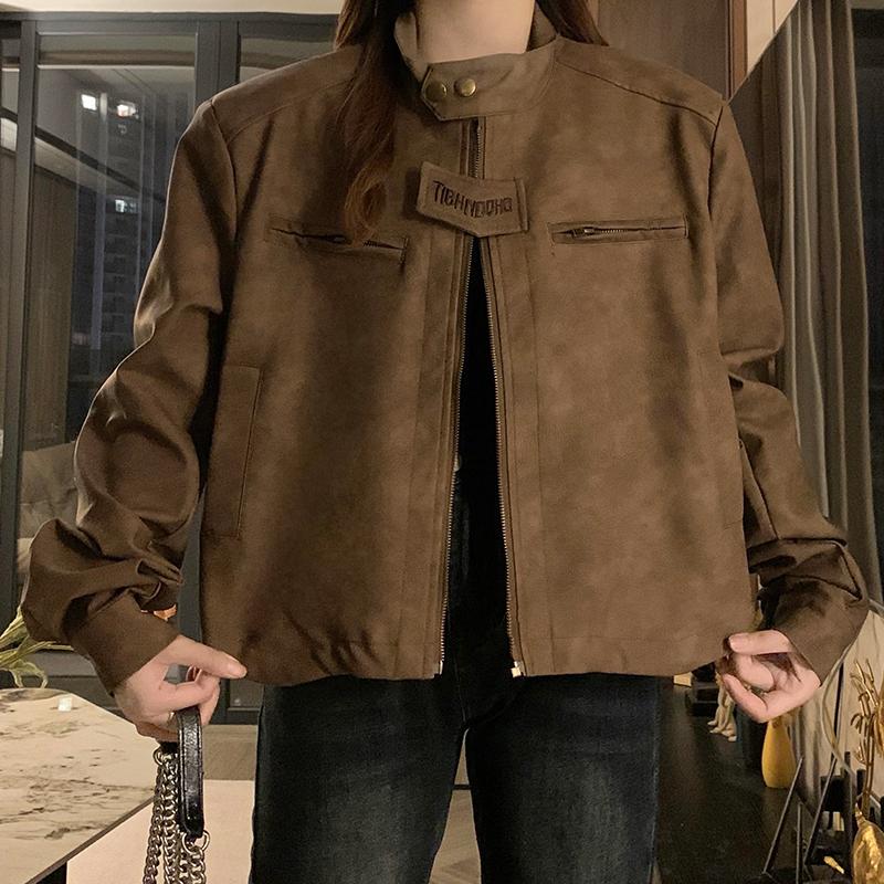 Americká retro hnědá motocyklová kožená bunda Ženy Módní Design Krátká ramenní vycpávka Bunda Grunge Estetický tenký kabát Streetwear