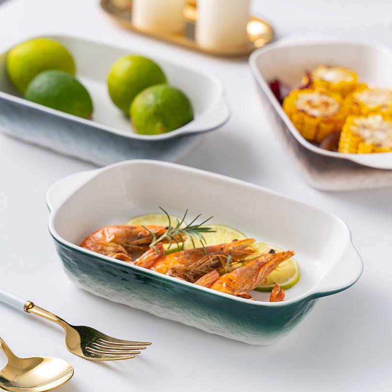 Gradual Change Stone Pattern Ceramic Binaural Cheese Baked Rice Plate Rectangular Baking Plate Restaurant Home Oven Dish Plate Baking Plate