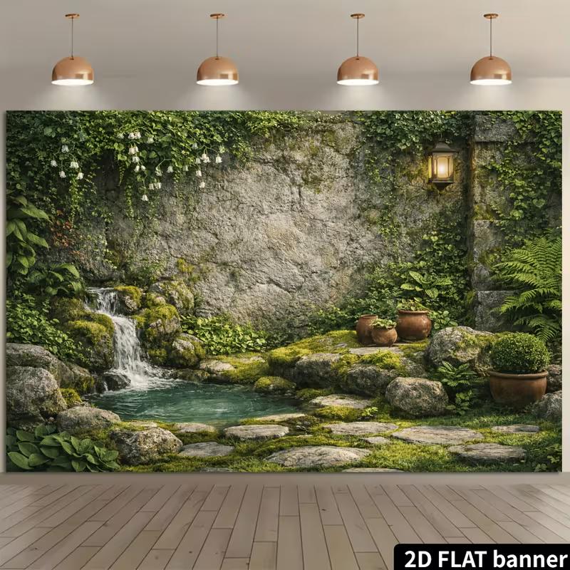 2D Rough Stone Wall Waterfall Pond Wall Tapestry