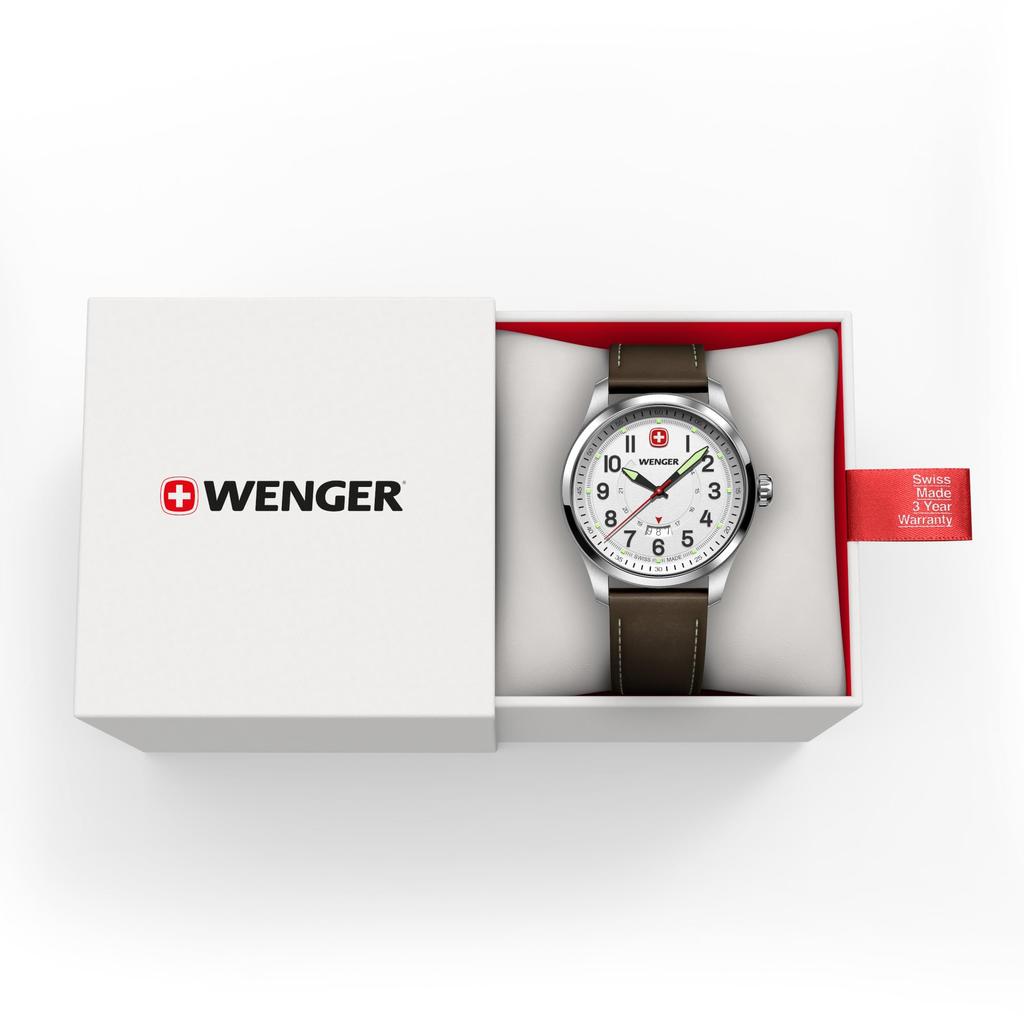 WENGER TERRAGRAPH Watch Stainless Steel Case White Dial Brown Leather Strap Quartz 100m Water Resistant Analog Men's (316L) [] 01.0541.120
