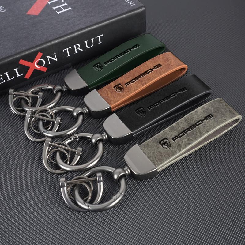Leather KeychainFor Porsche Cayenne Panamera Macan 911 Taycan Boxster Cayman 918 Pajun Car Logo Key Chain Pendant Key Holder
