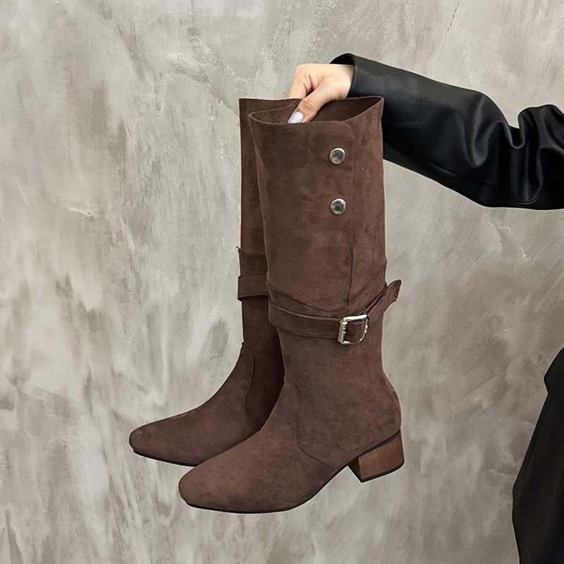 High Heel Suede Pointed Pile Boots Medium Knight Boots Women's Boots 2025 Autumn/Winter Brown Long Skinny Boots