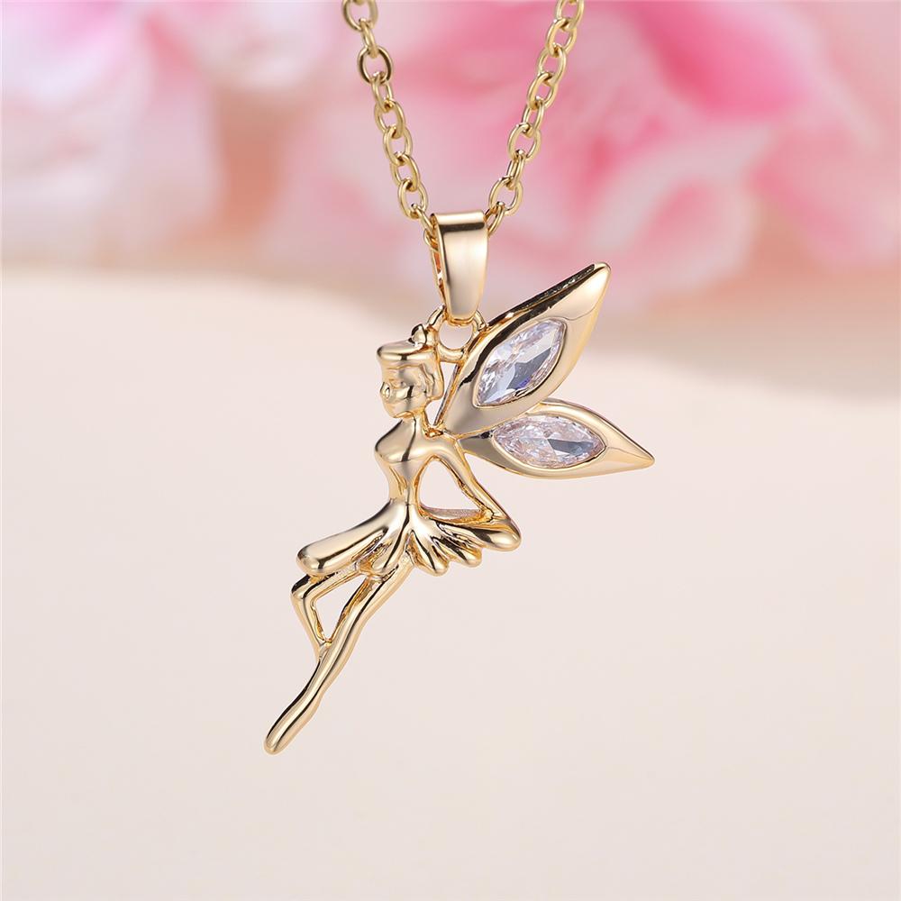 Female White Crystal Angel Pendant Necklace Vintage Gold Color Wedding  For Women