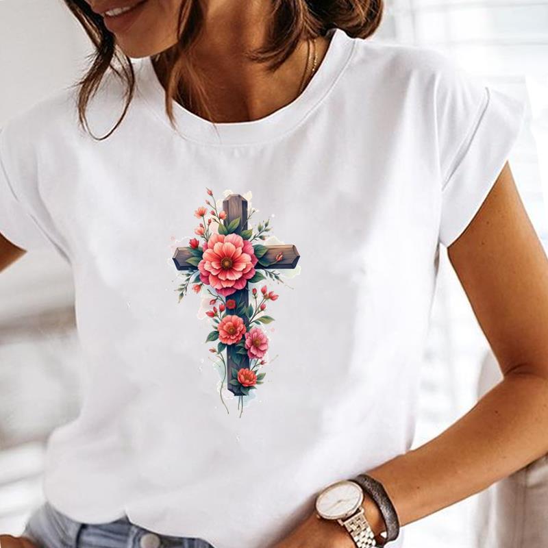 (Asian Size) Tee faith flower sweet Clothing T Shirt Printed Women Casual Fashion Lady Female Top Graphic Short Sleeve T-shirts