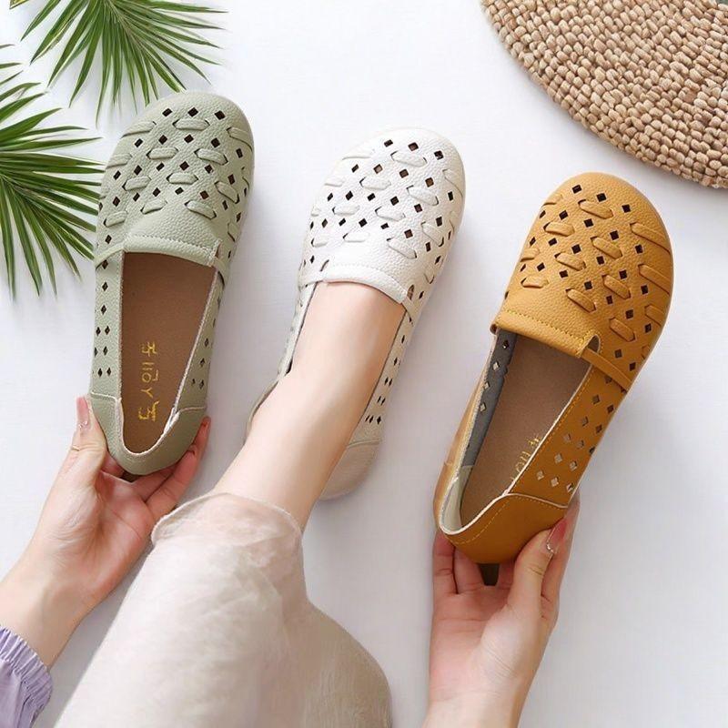 2025 summer new hollow beef tendon non-slip soft sole one pedal casual breathable mother shoes flat hole shoes women