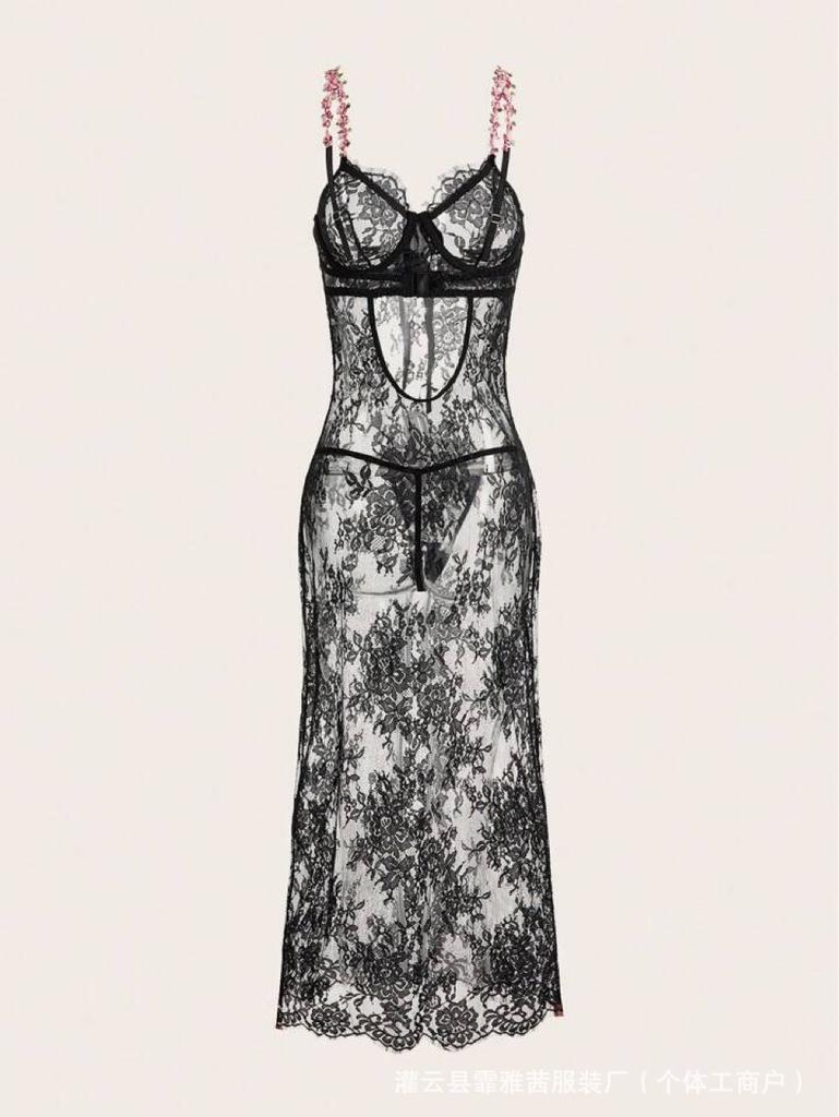 Ladies' Sexy Lingerie, Sexy Lace Flower Suspender Nightgown, Hip Hugging Skirt, Underwear Two-piece Set
