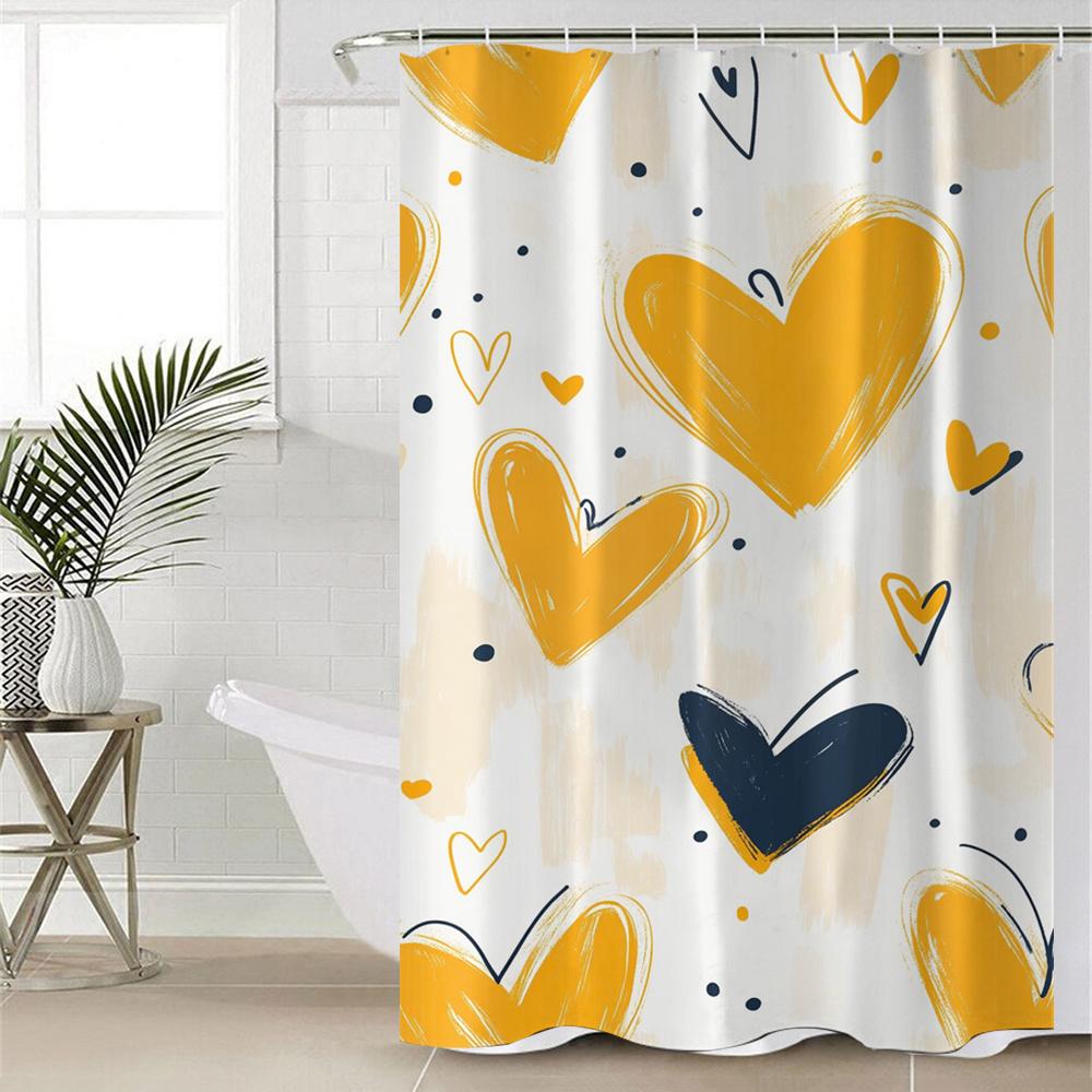 1pcs Heart Pattern Digital Printed Polyester Waterproof Bathroom Divider with Hooks, Woven Fabric, Machine Washable, Waterproof