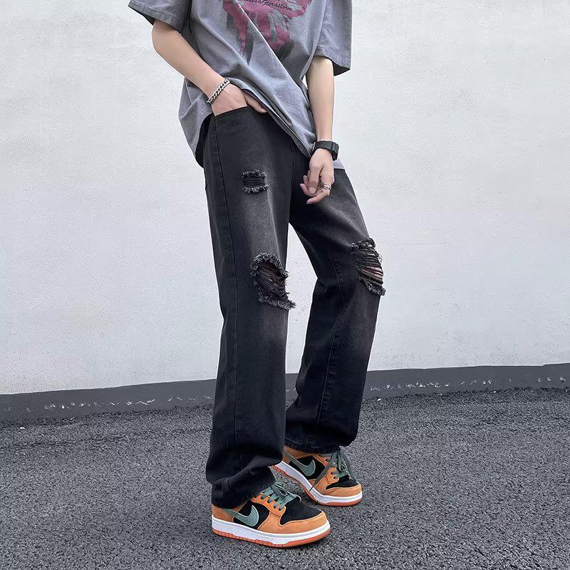 

Мужские летние корейские прямые повседневные брюки - рваные джинсы в ретро-американском стиле XXL чёрный