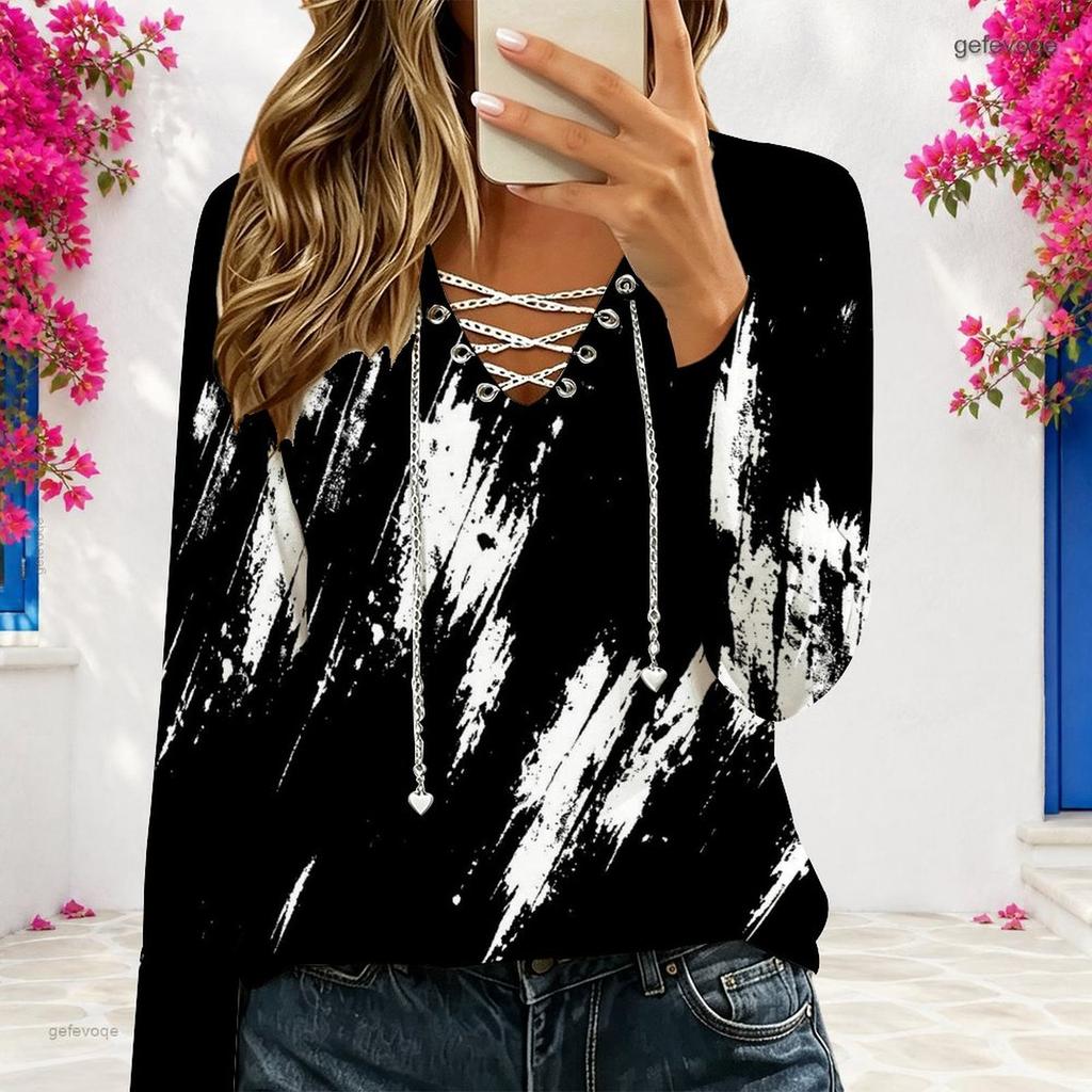 Women Plus Size V Neck Long Sleeve Printed Eyelet Chain Lace Up Top