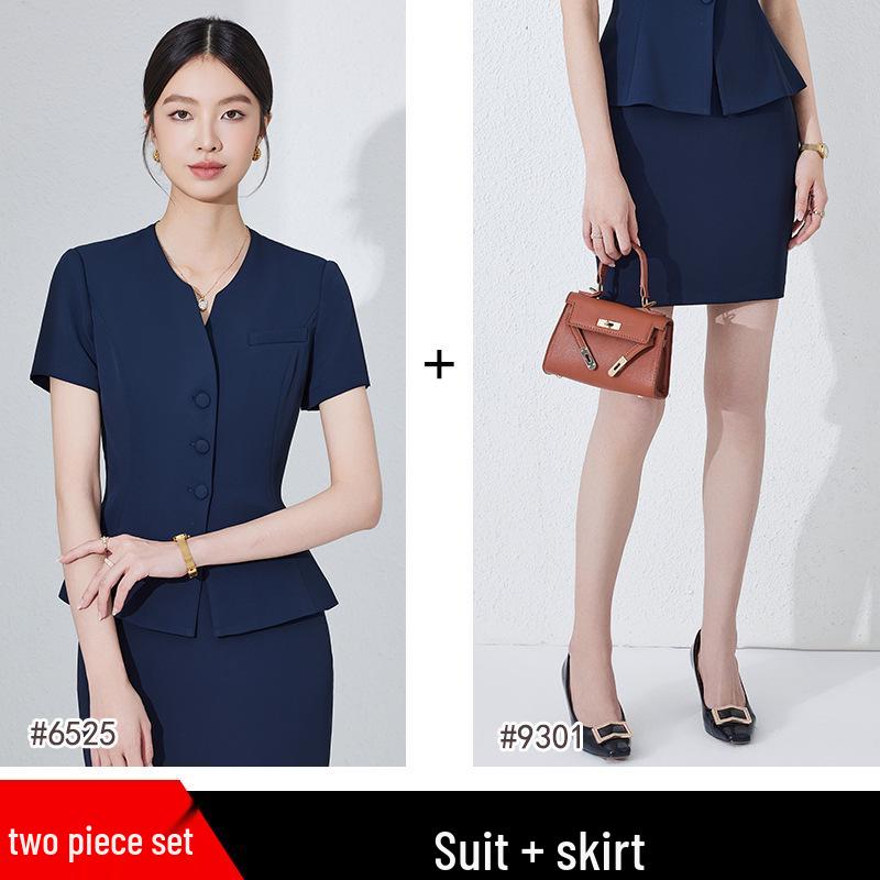 Women's Dark Blue Short-Sleeved Suit Set - Summer Professional Attire for Hotel and Jewelry Store Front Desk.