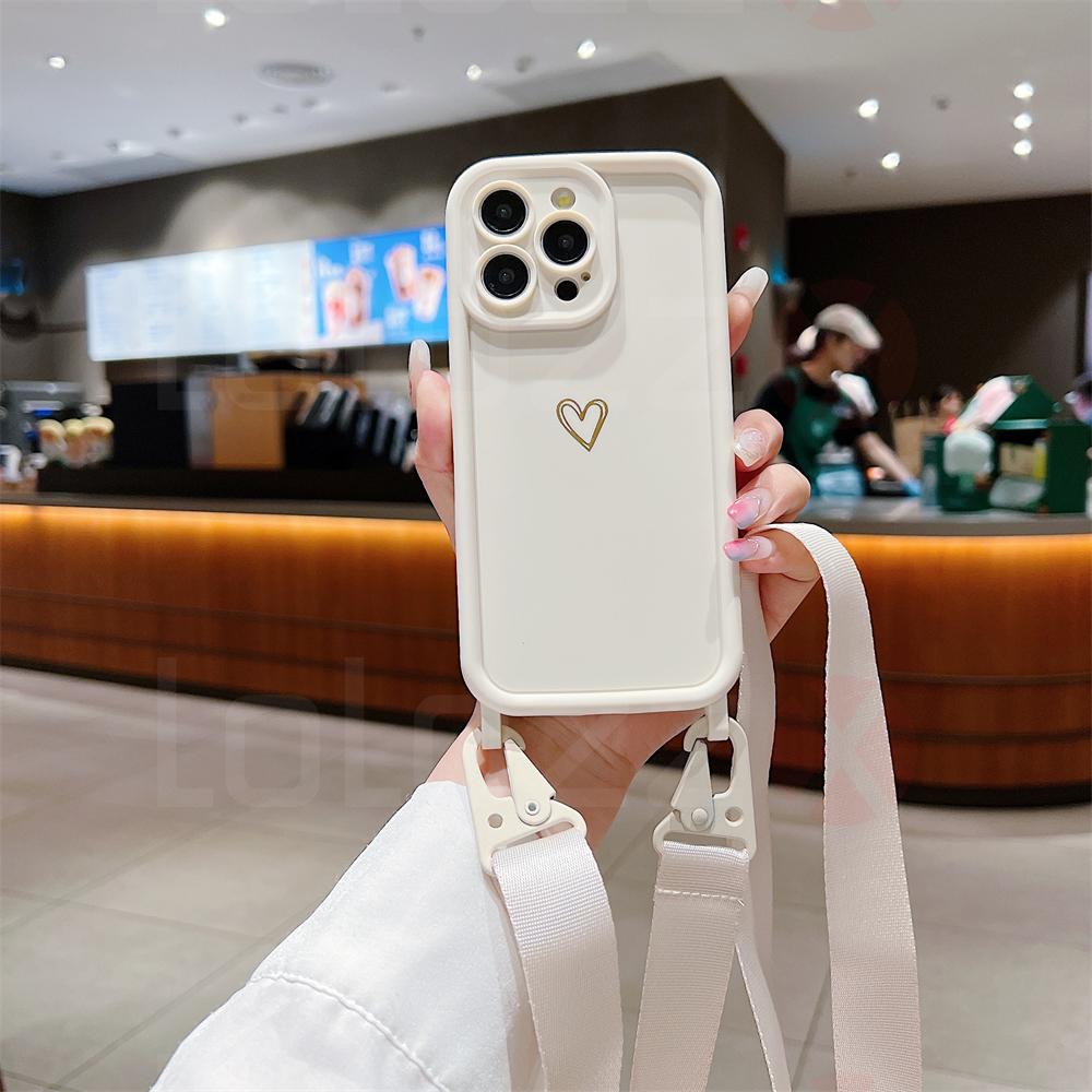 Cute Love Heart Crossbody Necklace Lanyard Strap Soft Case For 16 15 14 13 12 17 Pro Max X XR 16 Plus Solid Color Cover