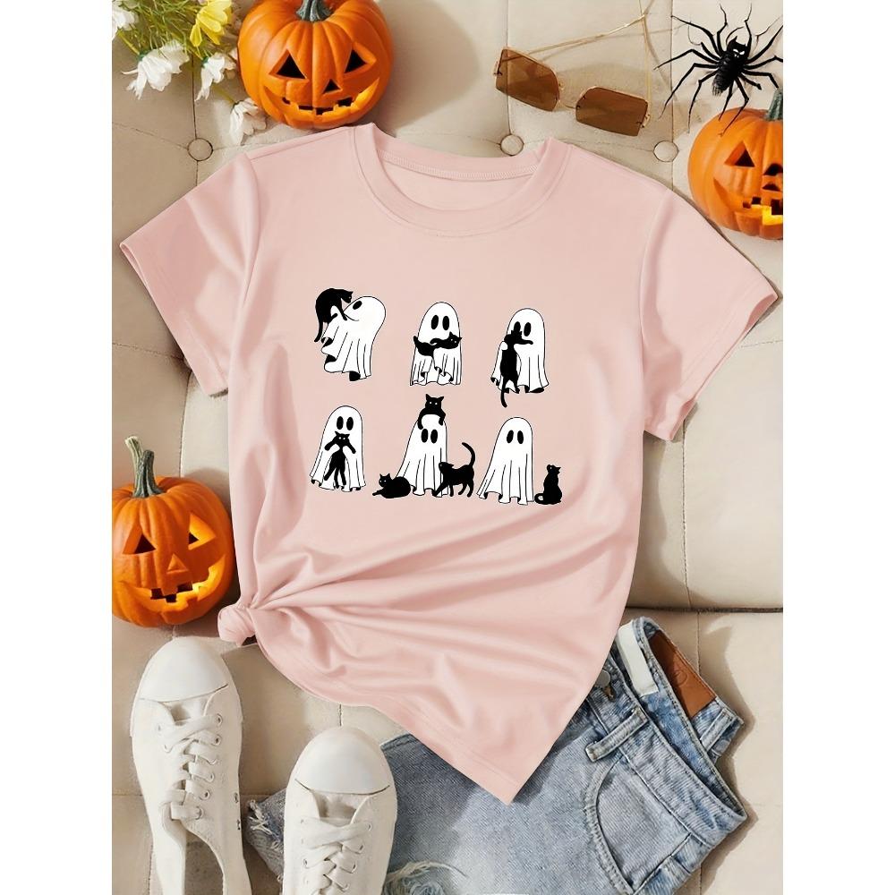 Ladies Halloween Ghost Pattern Casual T-shirt Black Cat Print Summer Sports Short Sleeve Vacation Pretend Fashion Women's Wear