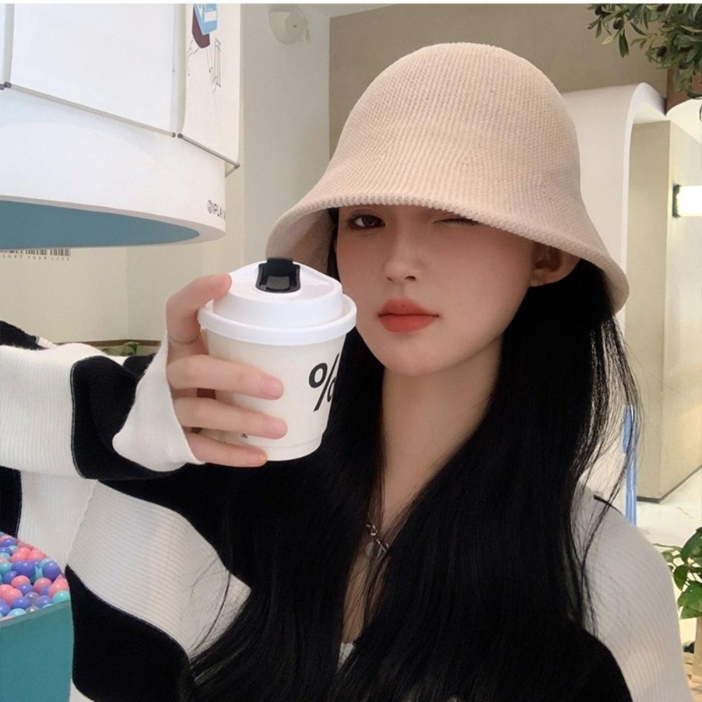 Chenille Women Panama Cap Solid Color Bucket Hat Retro Knitted Fisherman Hat  Girl