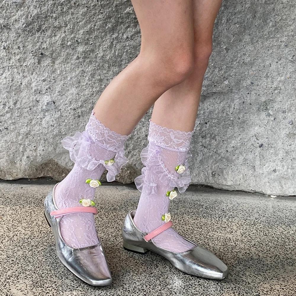 Sweet Flower Women Medium Tube Socks Japanese Jk Leg Socks Y2K Rose Lace Flower Socks Thin Mesh Stockings Party Accessories