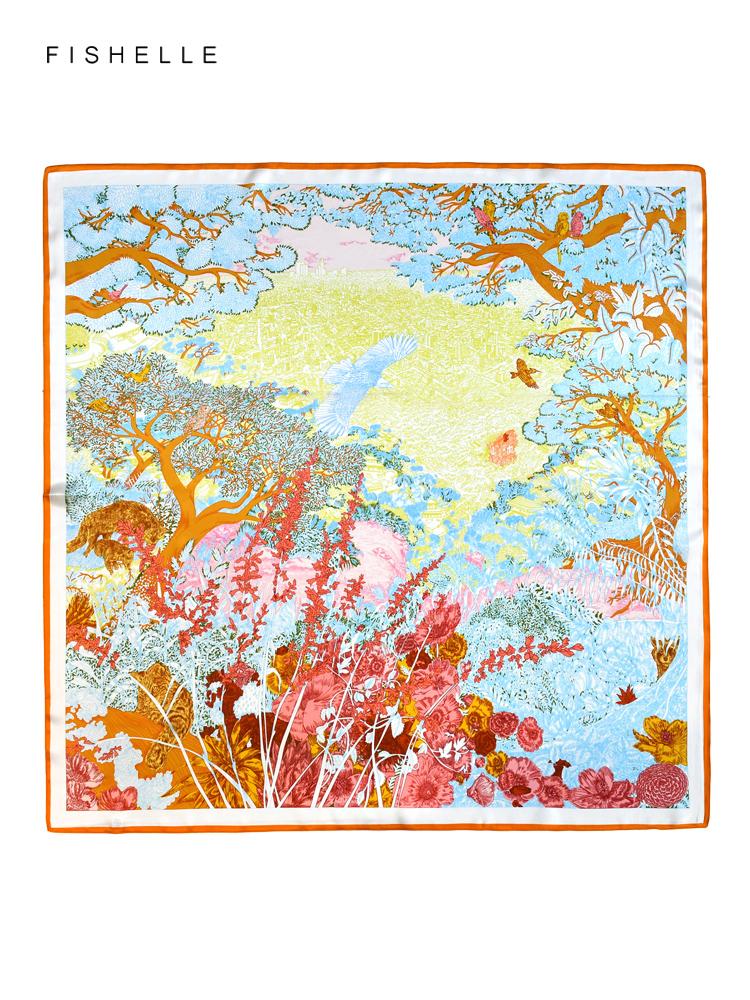 Orange Forest 100% Silk Scarf Shawl Glossy Wrap Bandana Hijab Women Square Scarves Headband Luxurious Gifts 90CM Kerchief
