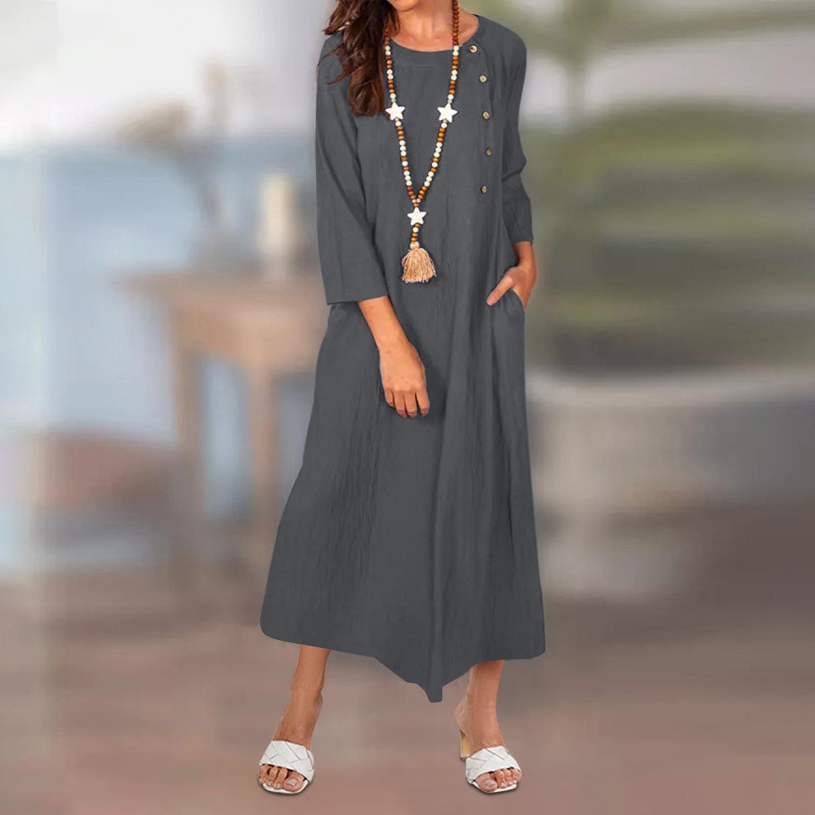 

(Куниде) Женское модное однотонное винтажное хлопково-льняное длинное платье с круглым вырезом и карманами на пуговицах и длинными рукавами XXL серый