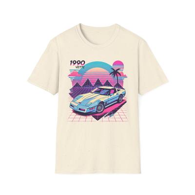 1990 Corvette C4 Retro Vaporwave Neon Grid Palm Tree Sunset Graphic T-Shirt