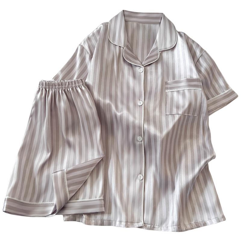 Stylish And Simple Ice Silk Pajamas Women'S Summer Short-Sleeved Cardigan Striped Sweet Loungewear Suit