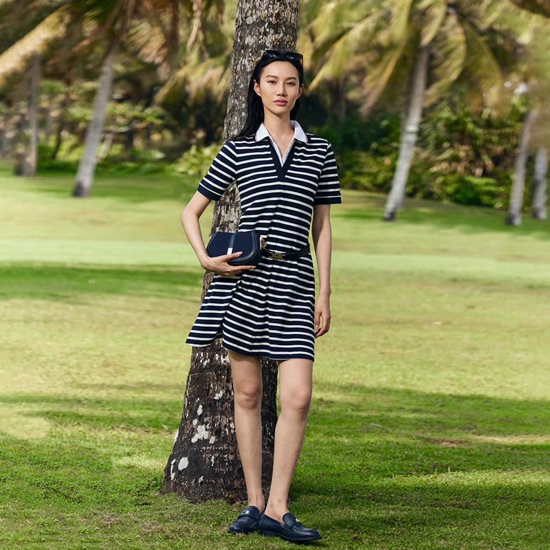 Tommy Hilfiger Rochie Polo Casual cu Gât în V și Dungi, Croială Slim Fit, Mânecă Scurtă, Femei XW0XW03965