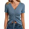 Women's V Neck Short Sleeve Ribbed Knit Top Casual Summer Shirt with Adjustable Drawstring Front Detail and Button Accents