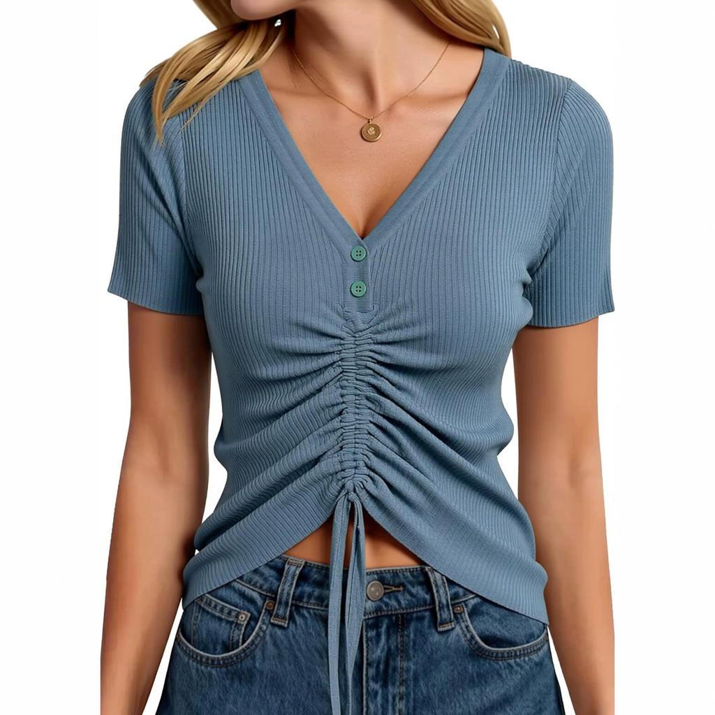 Women's V Neck Short Sleeve Ribbed Knit Top Casual Summer Shirt with Adjustable Drawstring Front Detail and Button Accents