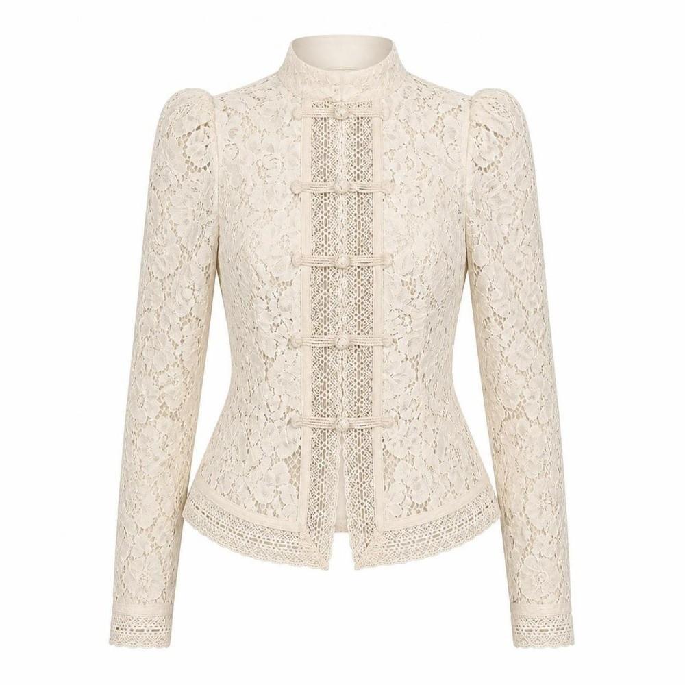 Long Sleeves See-Through Blouse Slim Fit Women Shirt Tops Vintage Lace Printed Shirts Spring
