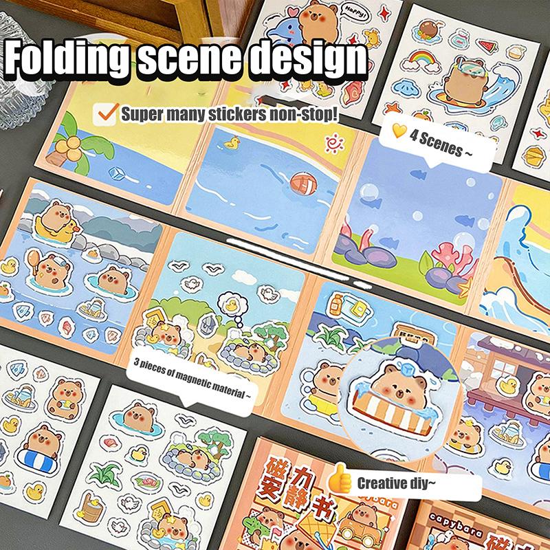 Urocza Kapibara Magnetyczna Cicha Książeczka Małe Magnetyczne Naklejki Edukacyjne dla Dzieci Bez Wycinania Można Naklejać Wielokrotnie Książeczka z Naklejkami