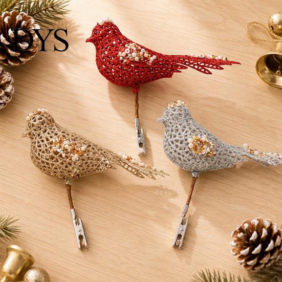 Gold Silver Red Bird Tree Ornaments Glitter Christmas Ornament with Metal Clip for Decoration, Sparkling Tabletop Floral Decor Figurine, Sequins