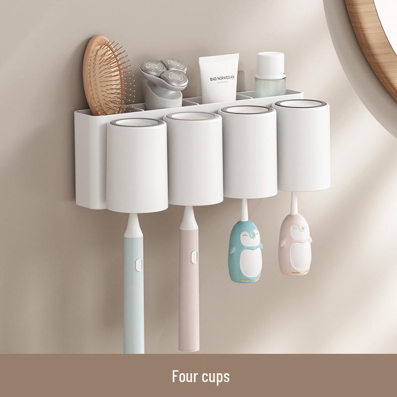Wall-Mounted Toothbrush & Tooth Cup Holder Set - Punch-Free Installation, Home Storage Solution