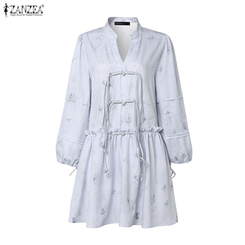 ZANZEA Women Elegant Casual V-Neck Long Sleeve Loose Print Dress