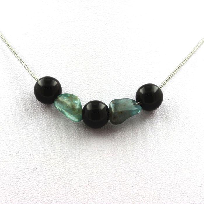 Collier perles Agate noire 8 mm + Apatite du Brésil - ABIJOUX - Chaine en acier inoxydable